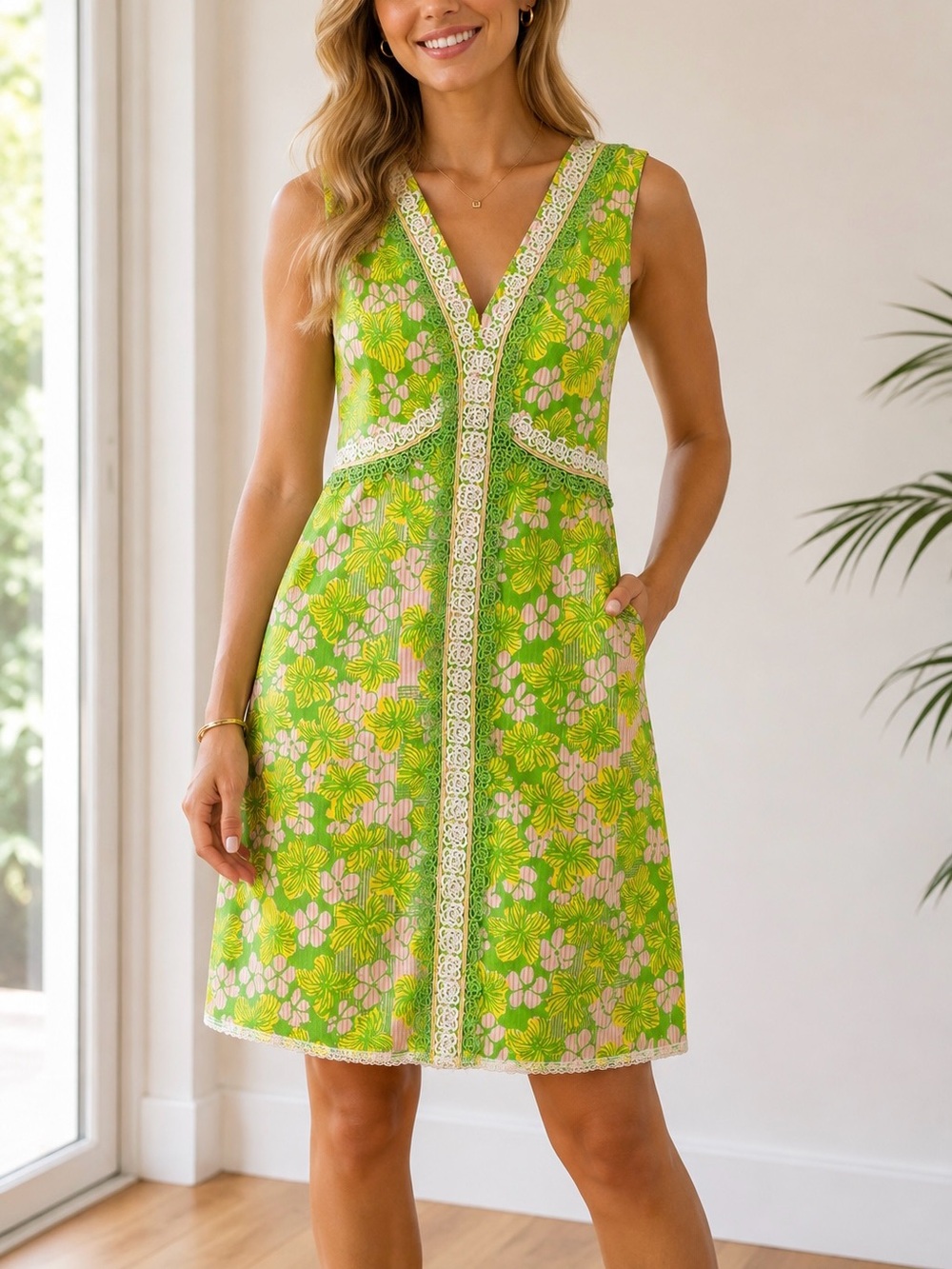 Vintage Lilly Pulitzer “The Lilly” Floral Shift Dress Green Pink Yellow Size 8